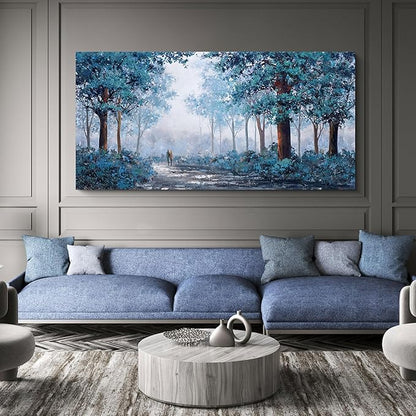 KLAKLA Navy Blue Wall Art - Large Wall Art - Multi-layered Paint Overlay Effect & Blue Leaves Plant Forest Picture Artwork Living Room Bedroom Wall Decor