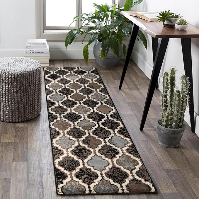 Superior Viking 3 Piece Indoor Area Rug Set, Jute Backing, Modern Trellis Decor for Hallway, Entry, Office, Kitchen, Bedroom, Living Room Floors, Plush Rugs, 2' 7" x 8', 5' x 8', 8' x 10', Chocolate