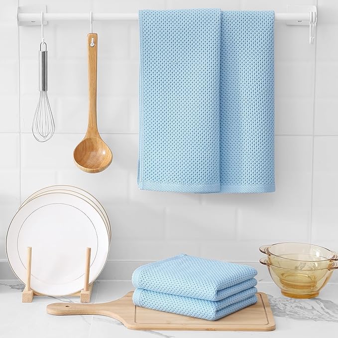 Kitinjoy 100% Cotton Waffle Weave Kitchen Towels (13 X 28 Inches, Sky Blue), 12-Pack Super Soft and Absorbent Dish Towels for Drying Dishes, Kitchen Hand Towels