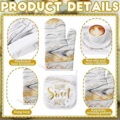 10 Pcs Christmas Marble Farmhouse Kitchen Decor Accessories Set Marble Kitchen Dish Towels Rugs Oven Mitts and Pot Holders Sets for Cooking Baking Daughter Mom Gift(White)