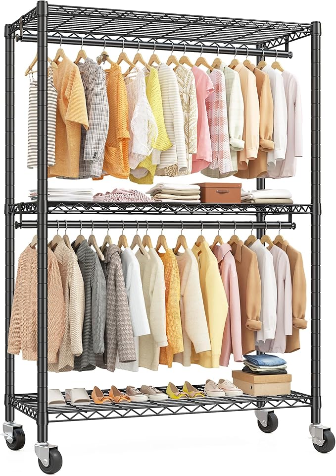 Raybee Clothes Rack, 81" H Clothing Racks for Hanging Clothes, Garment Rack with Wheels and Adjustable Feets, Max Load 440LBS, Black