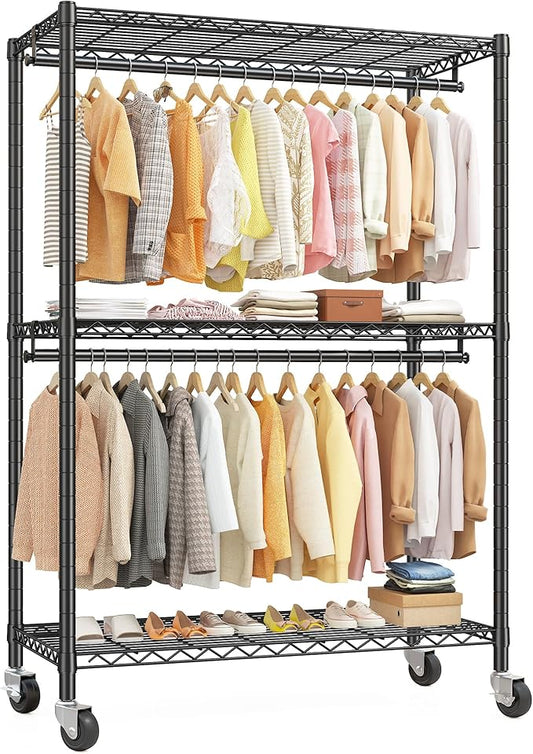 Raybee Clothes Rack, 81" H Clothing Racks for Hanging Clothes, Garment Rack with Wheels and Adjustable Feets, Max Load 440LBS, Black