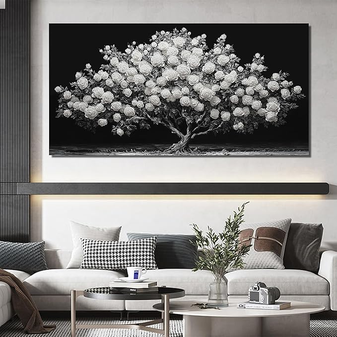JuhaiArt Tree Painting Canvas Bedroom Black Poster Floral Wall Decor White Rose Wall Picture for Living Room Home Office 29"x 59"