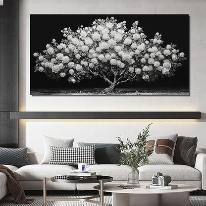 JuhaiArt Tree Painting Canvas Bedroom Black Poster Floral Wall Decor White Rose Wall Picture for Living Room Home Office 29"x 59"