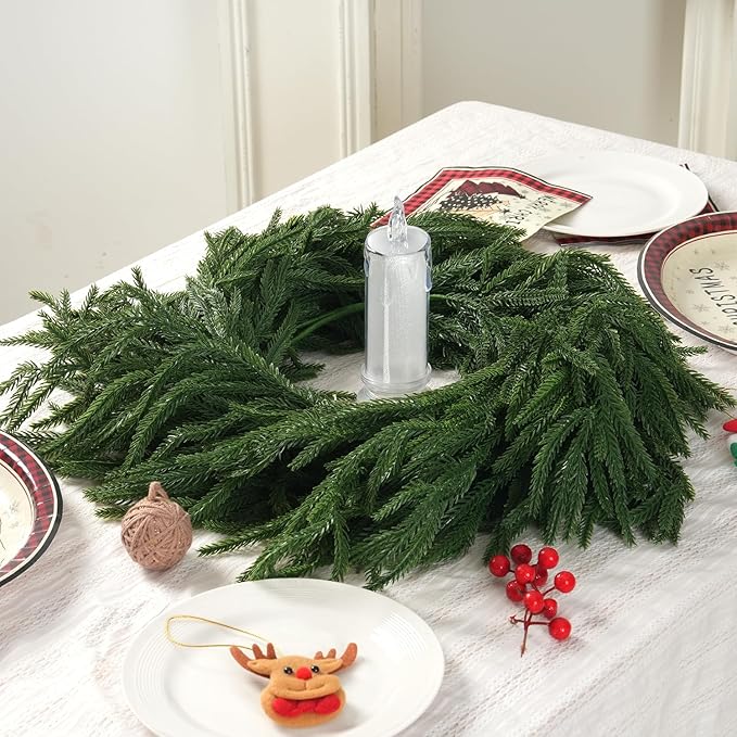 Christmas Norfolk Pine Garland, 2PCS 6Ft Real Touch Artificial Pine Greenery Christmas Garlands for Table Fireplace Wall Home Indoor Outdoor Decoration