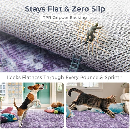 OPPODREAM Thin Vintage Purple 3x10 Runner Rug, 3 x 10 Retro Washable Rug Non Slip, Low-Pile Faux Wool Carpet, Distressed Floor Mat for Kitchen, Hallway, Entry-Way, Entrance, Indoor Back Door