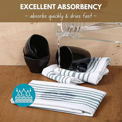 Native Fab Kitchen Tea Towels 16x26 inches - 12 Pack Herringbone Weave - 100% Cotton Scandia Striped Dish Towels, Wash Cloths, Absorbent Hand Towels with Hanger - Teal Green White