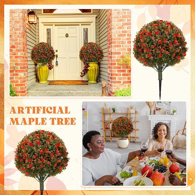 24 Fall Artificial Topiary Ball Trees with Flowers Set of 2, Outdoor Fake Topiary with Ground Spike, UV Resistant Faux Artificial Plant Bushe for Indoor Front Porch Garden(2 Pack, Orange)