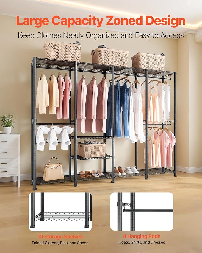 VEVOR Clothing Garment Rack, Heavy Duty Closet Wardrobe, Adjustable Tiers Clothes Racks with Steel Frame, for Bedroom, Clothing Store, Hallway
