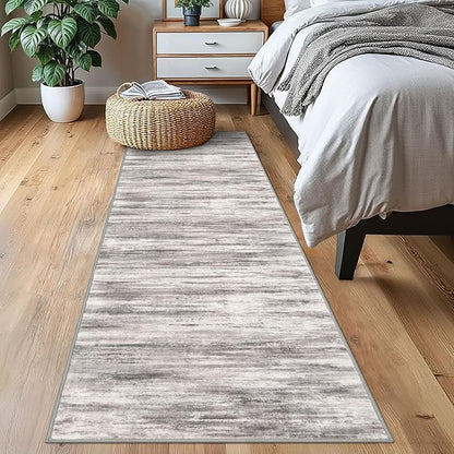 KOZYFLY Modern Abstract Washable Rug Runner 2x7 Hallway Runner Rug Non-Slip Soft Kitchen Runner Rugs, Print Grey-Beige Striped Carpet Runner for Entryway Bathroom Laundry Room Foyer
