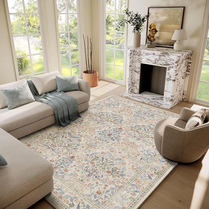 Washable Area Rugs for Living Room: 6x9 Bedroom Rug Vintage Area Rug Stain Resistant Non Slip Low Pile Lightweight Soft Carpets for Dining Room Kitchen Nursery Kids Room Farmhouse Indoor