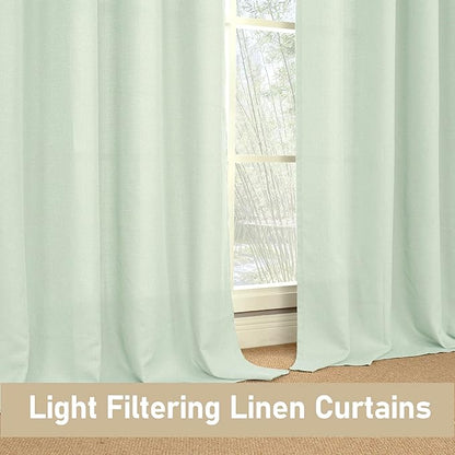 LAMIT Light Green Linen Blended Curtains for Bedroom, 54 inches Grommet Thermal Insulated Thick Cottage Curtains Light Reducing Window Treatment Drapes for Living Room, Set of 2 Panels, W52 x L54