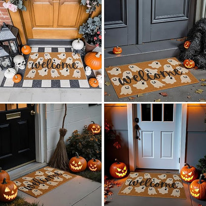 Halloween Door Mat Spooky Ghost Welcome Mat for Front Door Outdoor Entrance Doormat Coir Dirt Trapper with Non Slip Backing, 24x36, Welcome Ghost