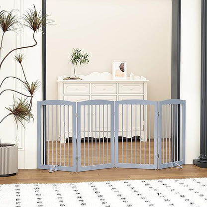 Freestanding Wooden Pet Gate - Foldable Indoor Dog Gate, 80 Inch Wide, 4 Panels, Grey
