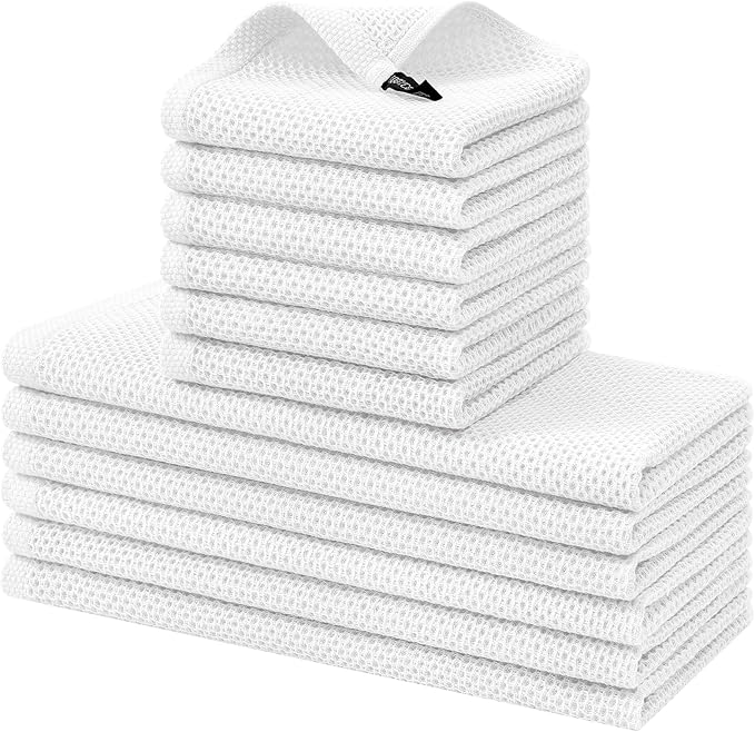 Kitinjoy 100% Cotton Kitchen Towels and Dishcloths Set, 12 Pack Waffle Weave Dish Towels Ultra Soft Absorbent Quick Drying Dish Rags, 13 x 28 Inch and 12 X 12 Inch, White