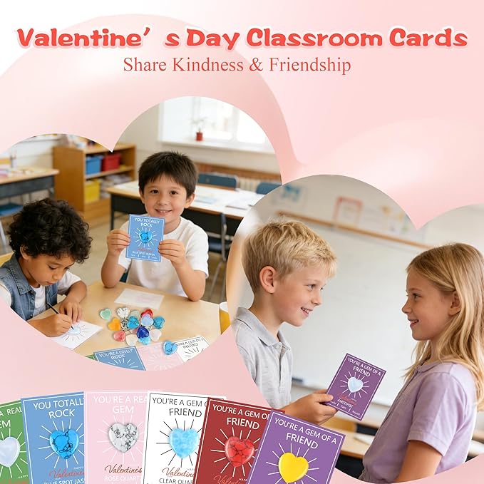 12 Pack Valentine’s Day Gifts for Kids, Valentine’s Day Cards with Heart-Shaped Crystal Gemstones for School Classroom Exchange, Valentine Party Favors&Goody Bag Fillers for Girls and Boys Ages 4–12