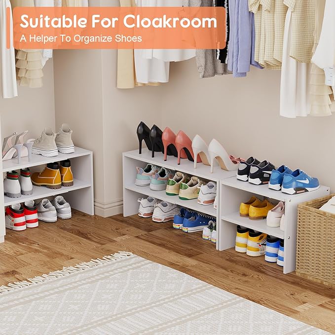 2 Pack Expandable White Shoe Rack Organizer for Closet, 2-Tier Stackable Shoe Storage Shelf, Small Iron Wood Combination Shoe Shelves for Closets,Entryway,Front Door, Narrow Space,Hallway,15-24 Pairs