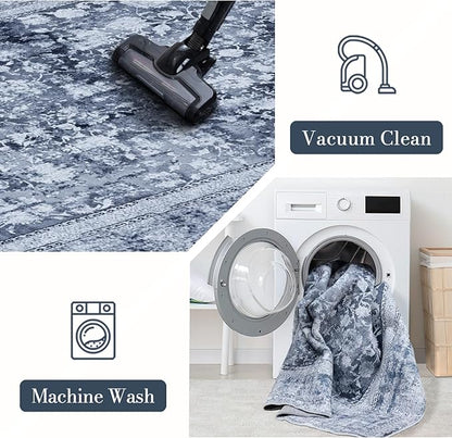 Area Rug 5×7, Vintage Boho Rug,Ultra-Soft Low Pile, Washable, Non Slip,Stain Resistant Printed Carpet for Living Room Bedrooms Playroom Office Kitchen, Stone/Blue