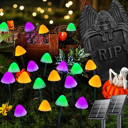 2PK 55FT 32LED Orange and Green Solar Mushroom Lights Outdoor, Solar String Light with 8 Lighting Modes Auto On/Off, Halloween Garden Lights for Witch Decorations