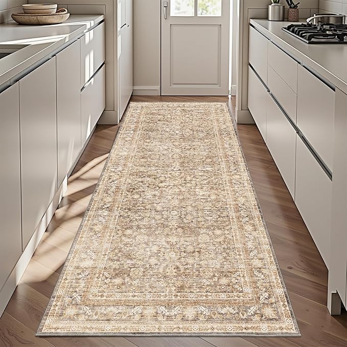 OPPODREAM Thin Vintage Beige 3x6 Runner Rug, 3 x 6 Retro Washable Rug Non Slip, Low-Pile Faux Wool Carpet, Distressed Tan Floor Mat for Kitchen, Hallway, Entry-Way, Entrance, Indoor Back Door