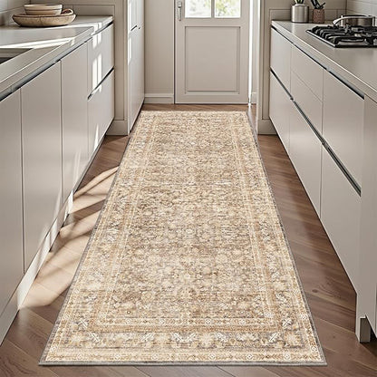 OPPODREAM Thin Vintage Beige 3x6 Runner Rug, 3 x 6 Retro Washable Rug Non Slip, Low-Pile Faux Wool Carpet, Distressed Tan Floor Mat for Kitchen, Hallway, Entry-Way, Entrance, Indoor Back Door