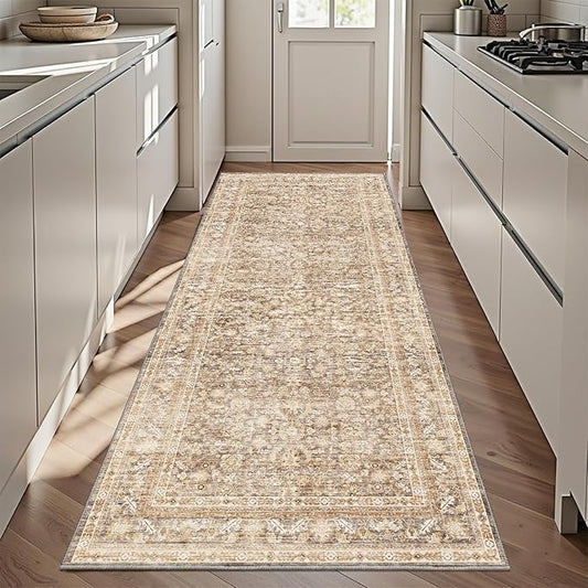 OPPODREAM Thin Vintage Beige 3x6 Runner Rug, 3 x 6 Retro Washable Rug Non Slip, Low-Pile Faux Wool Carpet, Distressed Tan Floor Mat for Kitchen, Hallway, Entry-Way, Entrance, Indoor Back Door
