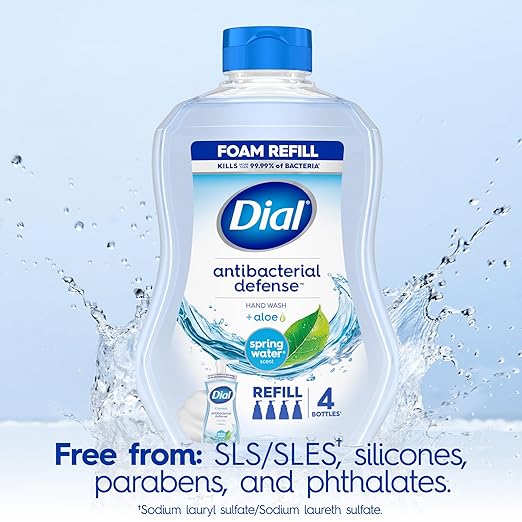 Dial Antibacterial Defense Foaming Hand Soap + Aloe, Spring Water Scent, 30 Fl Oz Hand Soap Refill (4 Pack), Dermatologist-Tested, Gentle on Skin