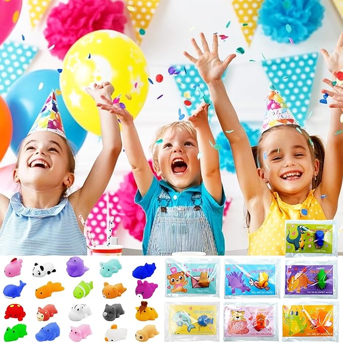 28 Packs Valentine Mochi Squishy Toys with Valentine Cards Animal Squishies for Kids Valentines Day Gift Exchange Classroom Prizes Valentine Party Favors Supplies