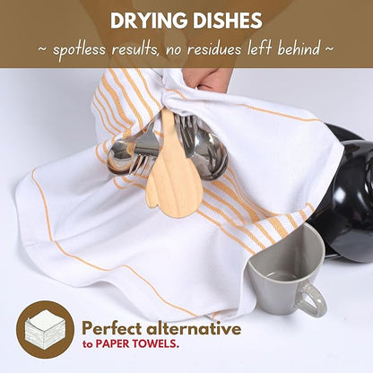Native Fab Kitchen Dish Towels 16x26 inches Set of 12 Herringbone Weave - Scandia Striped 100% Cotton Dish Cloths for Washing Dishes, Absorbent Hand Towels with Hanger - Yellow White