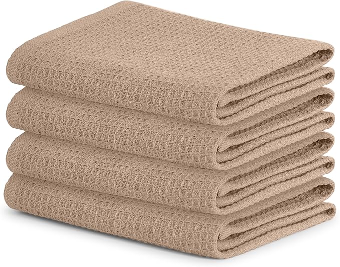 Blue Needles Waffle Weave Kitchen Towels, 15x25 Inches 100% Cotton Set of 4 Dish Towels for Kitchen, Ultra Soft & Absorbent with Hanging Loop, Spring Summer Dish Rags for Quick Drying - Beige