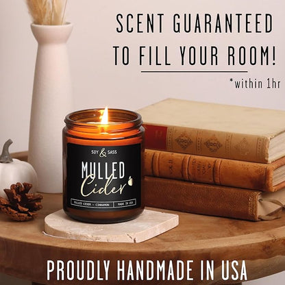 Mulled Cider Candle, Fall Candles I Apple Cider Candle w/Cinnamon & Nutmeg - Infused w/Essential Oils I Mulled Cider Fall Scented Candles (Soy) for Home I 9oz Reusable Jar I 50Hr Burn I Made in USA