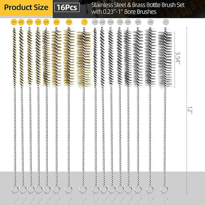 16Pcs Stainless Steel & Brass Wire Tube Brushes Bottle Brush Set,12" Long Wire Bore Brushes for Deep Cleaning Pipes,Tubes,Narrow Spaces, Engine Parts, Home Brew(1/4"-1" Sizes)