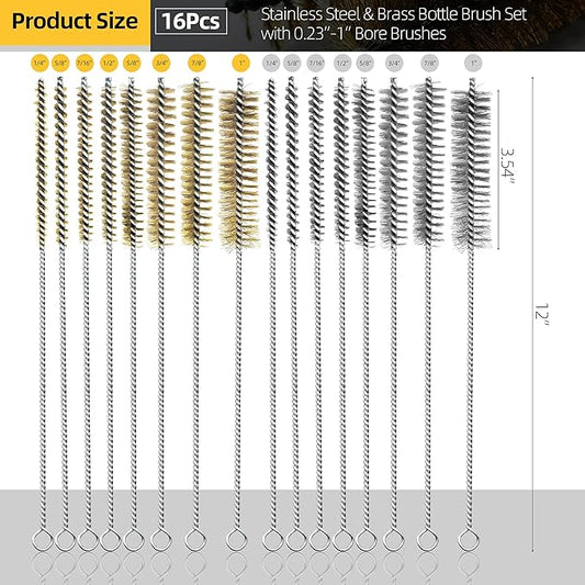 16Pcs Stainless Steel & Brass Wire Tube Brushes Bottle Brush Set,12" Long Wire Bore Brushes for Deep Cleaning Pipes,Tubes,Narrow Spaces, Engine Parts, Home Brew(1/4"-1" Sizes)