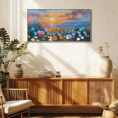 Ardemy Wildflower Wall Art for Living Room Large Framed Floral Canvas Pictures Bedroom Wall Decor Sunset Paintings Flower Textured Artwork for Walls Dining Room Home Office 40"x20"