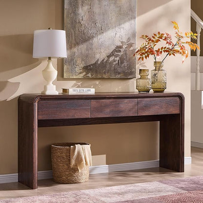 63'' Console Table with 3 Drawers, Modern Entryway Table with Curved Profile Design, Narrow Long Wood Sofa Table Behind Couch Table for Living Room, Hallway, Foyer, Brown