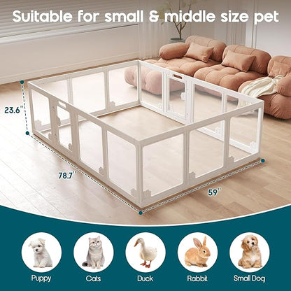 Albott Acrylic Clear Dog Playpen Indoor, Modular Puppy Cat Small Pet Play Pen with 2 Doors, Transparent Fence for Little Dogs, Cats, Rabbits, Easy Assemble and Disassemble, White (24" H, 14 pcs)