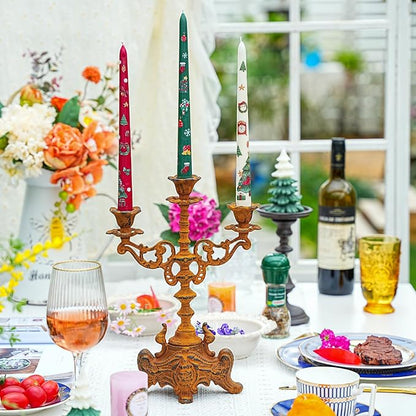 Sungmor Rusty Cast Iron 3 Arm Candelabra, 13" Tall Vintage Candlestick Holder, Decorative Taper Candle Holder, Pretty Centerpiece Candle Stand for Halloween, Christmas, Holiday Décor