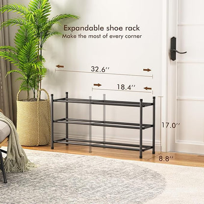Expandable Shoe Rack, 3 Tier Shoe Rack for Closet, Stackable Adjustable Standing Metal Shoe Shelf Organizer Storage, Small Shoe Racks for Front Door Entrance、Entryway(Black)