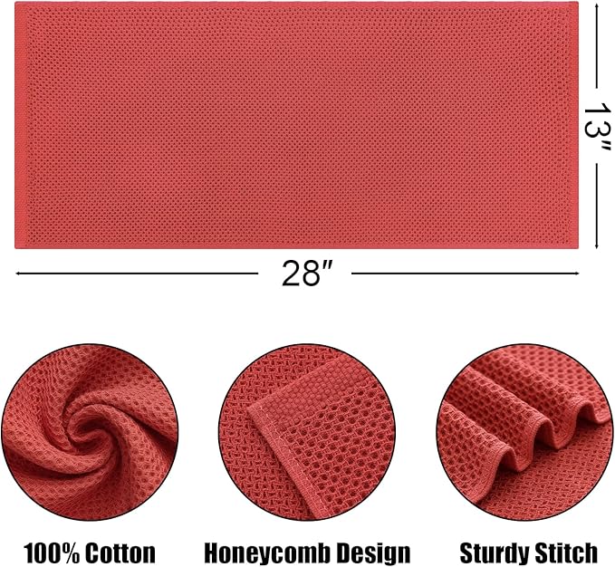 Kitinjoy 100% Cotton Waffle Weave Kitchen Towels, 8-Pack Super Soft and Absorbent Dish Towels for Drying Dishes, Kitchen Hand Towels, 13 in x 28 in, Brick Red