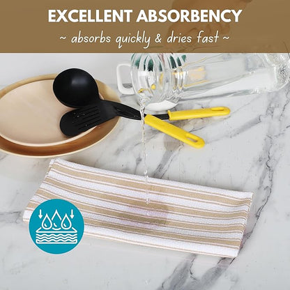 Native Fab Kitchen Dish Towels 16"x26" - Set of 4 - Absorbent Cotton Hand Towels, Restaurant Grade Dish Towels for Quick Drying, Cleaning, Dish Cloths Set with Hanging Loop - Beige and White