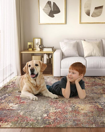 Washable Area Rug for Living Room: 10X14 Modern Abstract Neutral Soft Rug for Bedroom Dining Room No Slip Low Pile Carpet for Nursery Home Office - Red/Ivory