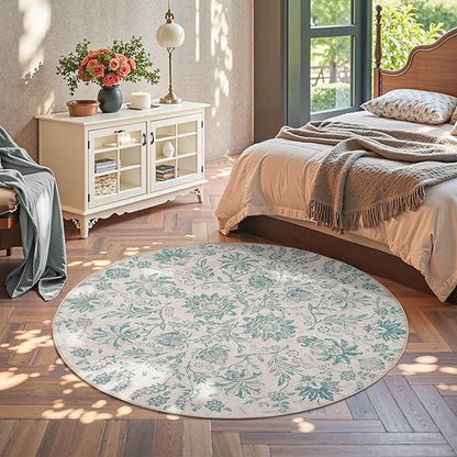 jinchan Classic Floral Round Rug 6ft Vintage-Inspired Design 6’Circle Rug Machine Washable Ultra-Thin Low-Pile Non-Slip Indoor Carpet for Bedroom Dining Room Living Room Entryway