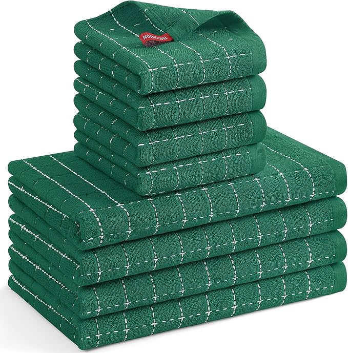 Mordimy 100% Cotton Terrycloth Kitchen Towels and Dishcloths Sets, Soft and Absorbent Checkered Dish Towels, Quick Drying Dish Rags for Washing Dishes, 4 Pack 16" x 26" & 4 Pack 12" x 12", Dark Green