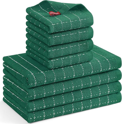 Mordimy 100% Cotton Terrycloth Kitchen Towels and Dishcloths Sets, Soft and Absorbent Checkered Dish Towels, Quick Drying Dish Rags for Washing Dishes, 4 Pack 16" x 26" & 4 Pack 12" x 12", Dark Green