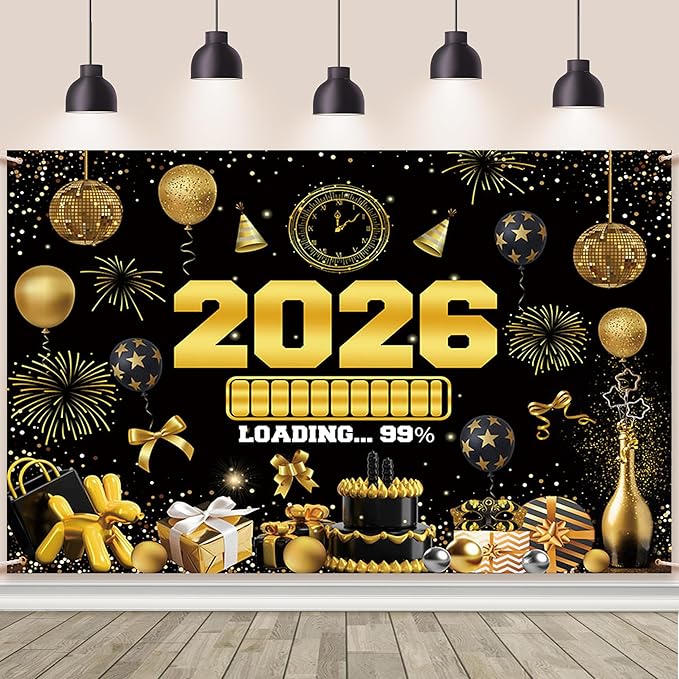 New Years Eve Party Backdrop for 2026, Gold Happy New Year Photo Background Great New Yeras Decorations for Outdoor Indoor Home Wall 7x5ft