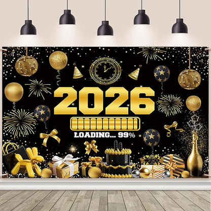 New Years Eve Party Backdrop for 2026, Gold Happy New Year Photo Background Great New Yeras Decorations for Outdoor Indoor Home Wall 7x5ft