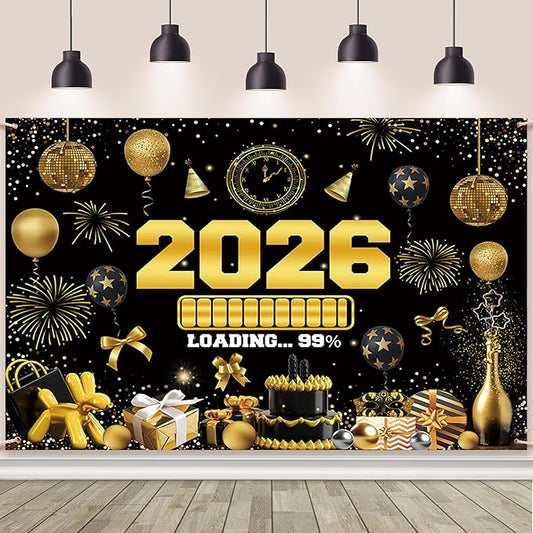 New Years Eve Party Backdrop for 2026, Gold Happy New Year Photo Background Great New Yeras Decorations for Outdoor Indoor Home Wall 7x5ft