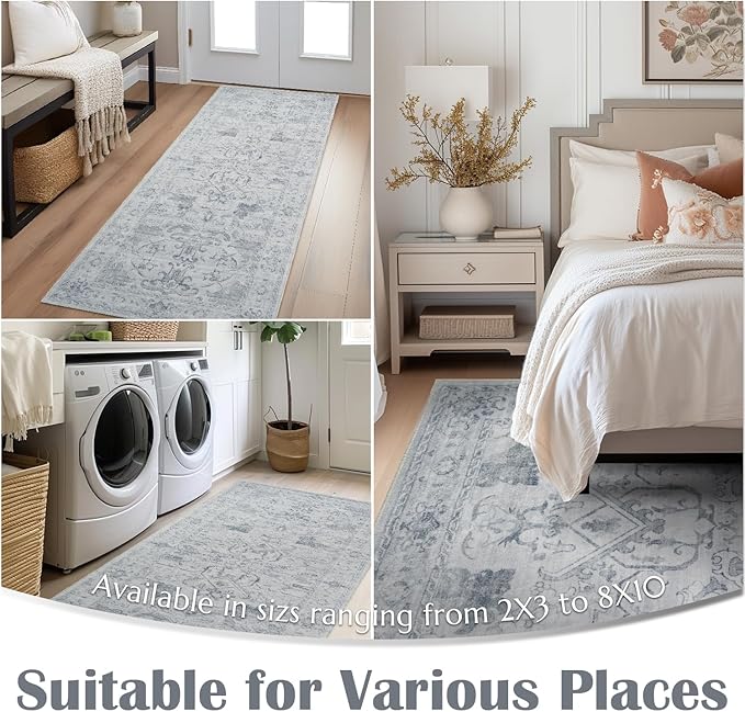 jinchan 2x3 Washable Rug for Entryway - Vintage Floral Ultra-Thin Low Pile Soft Small Non-Slip Distressed Indoor Doormat Accent Rug for Entrance Kitchen Bathroom Bedroom (2x3ft,Grey)