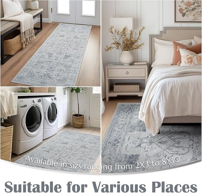 jinchan 6x9 Area Rugs for Living Room Washable Soft Throw Rug Ultra-Thin Stain Resistant Non-Slip Distressed Vintage Floral Large Carpet for Bedroom,Dining Room,Home Office,Nursery (6x9ft,Grey)