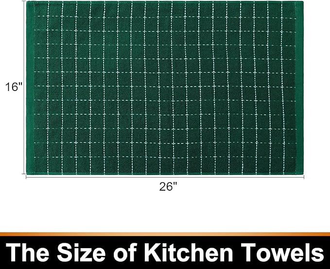 Mordimy 100% Cotton Terry Cloth Kitchen Towels, Super Soft and Absorbent Dish Towels for Drying, Checkered Designed Hand Towels for Kitchen, 16 x 26 Inches, 8 Pack, Dark Green